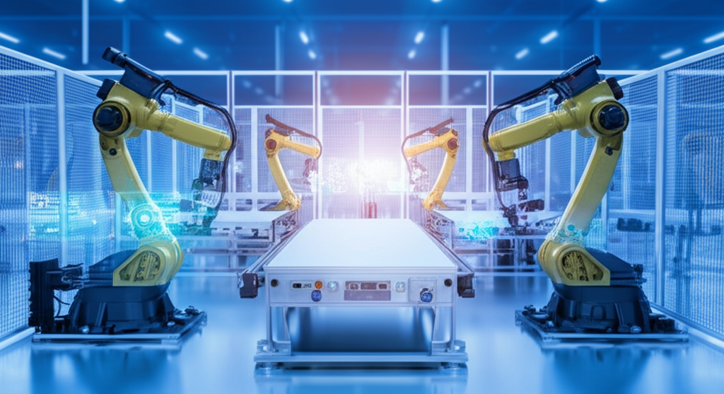 Smart manufacturing facility with robots and AI integration